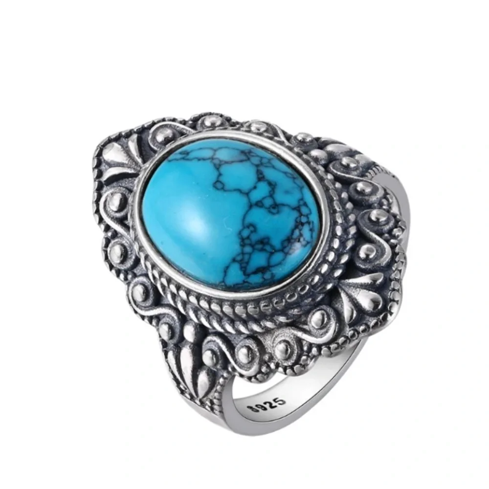 925 STERLING SILVER VINTAGE TURQUOISE NATURAL LABRADORITE SIZE 7 RING - Picture 4 of 5